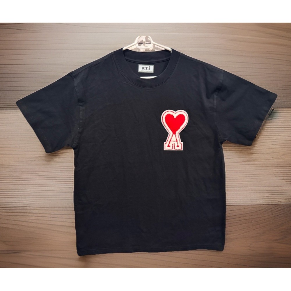 AMI Paris Ami De Coeur Shirt Sz L Black Red Heart Ace Organic Cotton Boxy Fit